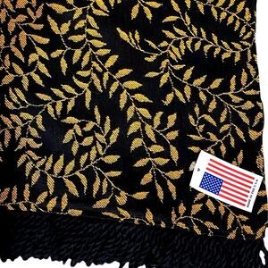 Made in USA Ivy Vine Woven Throw Blanket Tapestry Damask Black Gold 50x 60" NEW